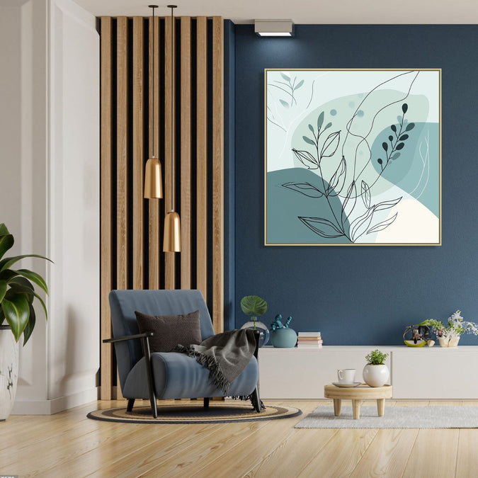 Large Painting for Drawing Room: An Abstract with dull sea green colour shapes and leaves and shoots in front