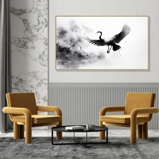 Large Painting for Drawing Room: An Asian Monochrome landscape of a crane flying against an abstract background in black and white