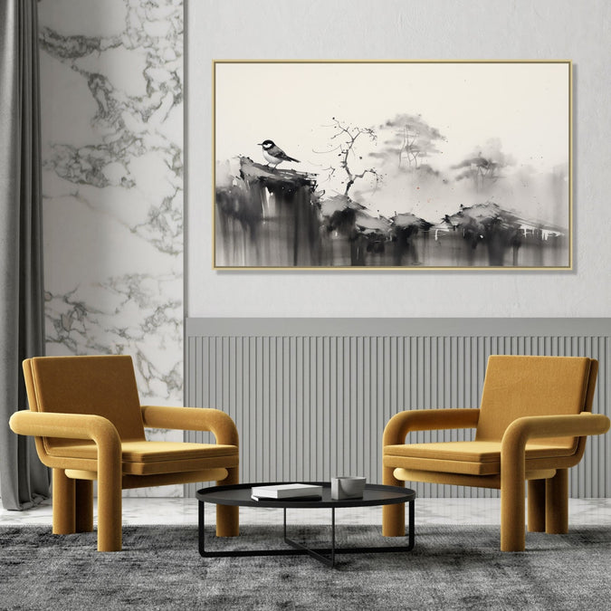 Large Painting for Drawing Room: An Asian Monochrome landscape of a sparrow sitting on a cliff and faded tree line in background of black and white