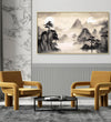 Large Painting for Drawing Room: An Asian Monochrome of mountains, Lake and tree with Misty surroundings and two sun