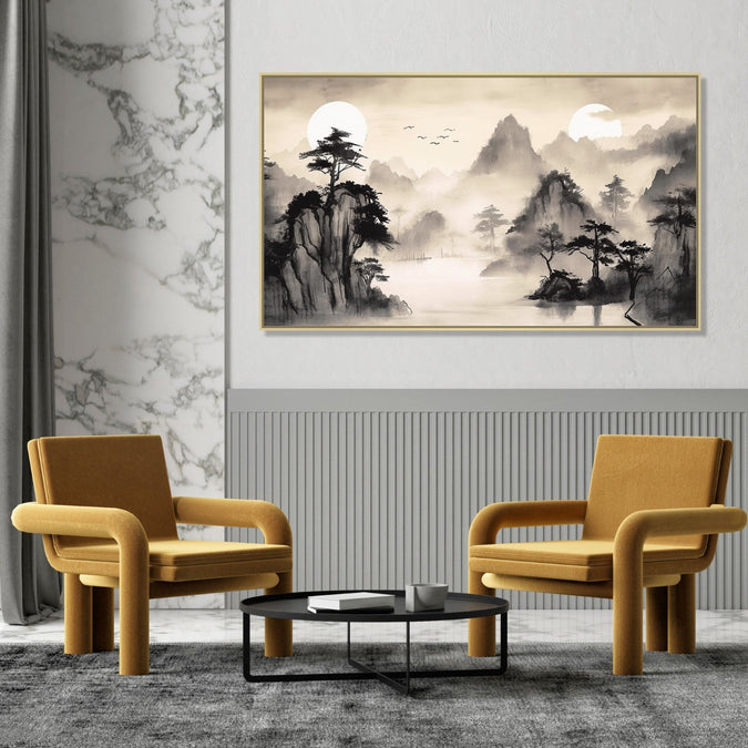 Large Painting for Drawing Room: An Asian Monochrome of mountains, Lake and tree with Misty surroundings and two sun