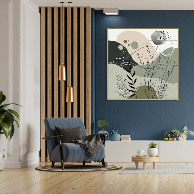 Large Painting for Drawing Room: An abstract image with Beige, black an dolive green colours, some shoots, leaves and, small circles in front.