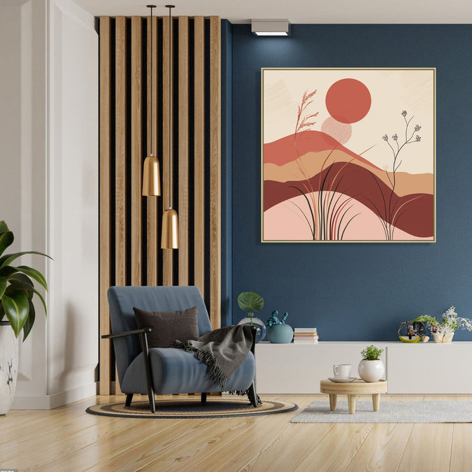 Large Painting for Drawing Room: An abstract of beige, brown, maroon shades with hills, grass and Maroon sun