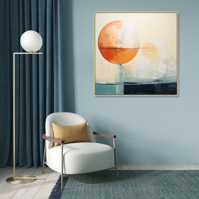 Large Painting for Drawing Room: An abstract with orange white circle with white blue and navy blue background