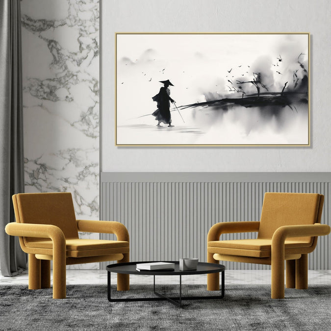 Large Painting for Drawing Room: Asian Monochrome of a traveller going through an abstract landscape