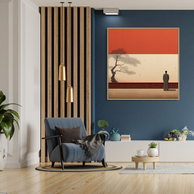 Large Painting for Drawing Room: Asian Painting of a man standing and looking out to open space, with a tree on a side and Asian design wall