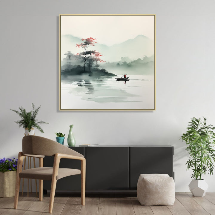 Large Painting for Drawing Room: Asian Watercolour landscape of a small boat in the waterbody, trees and mountains in the background