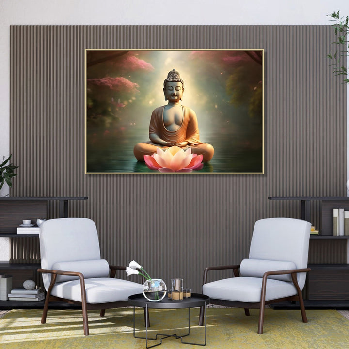 Large Painting for Drawing Room: Buddha in peaceful Water and pink trees with Lotus in front