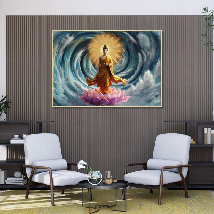 Large Painting for Drawing Room: Buddha standing on a lotus, with Blue water spiral and gold orb in background