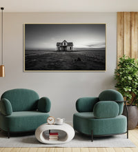 Large Painting for Drawing Room: Minimalistic Monochrome with a delapidated gouse in the middle of a grassland ad clear sky