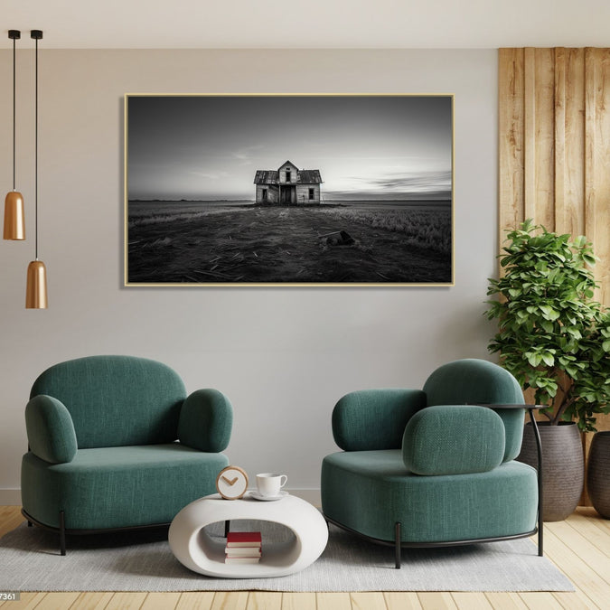 Large Painting for Drawing Room: Minimalistic Monochrome with a delapidated gouse in the middle of a grassland ad clear sky