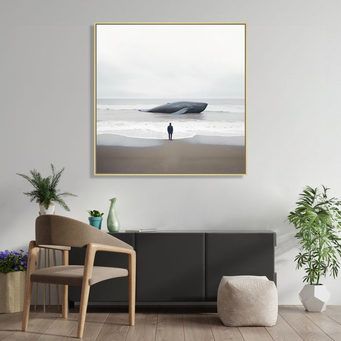 Large Painting for Drawing Room: Minimalistic Painting of a Man looking at a beached whale