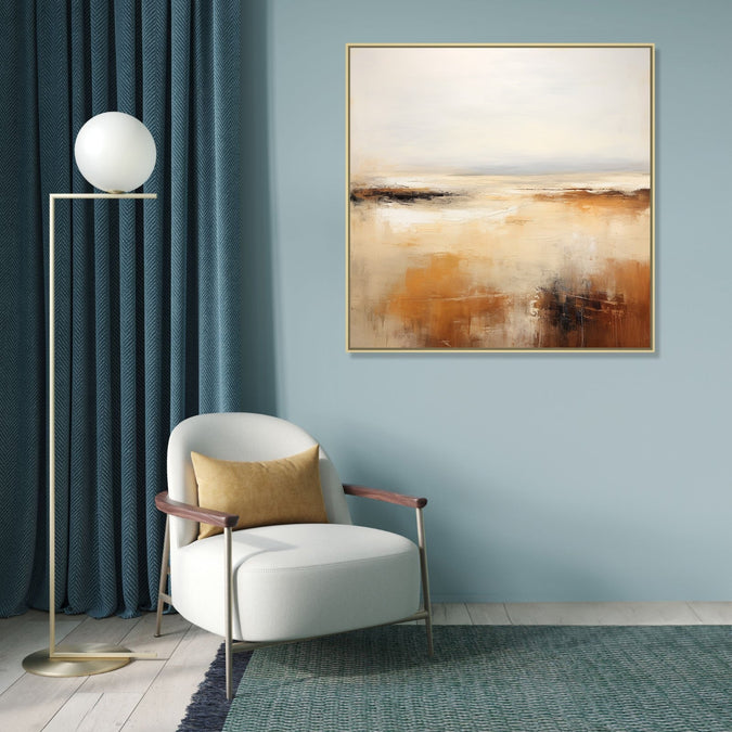 Large Painting for Drawing Room: Minimalistic abstract with grey, white, yellow, orange and dark brown heus