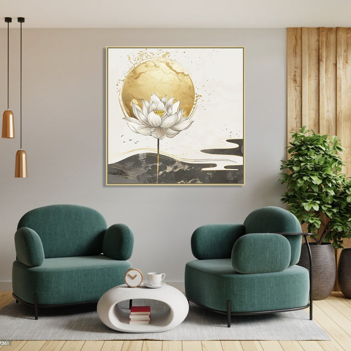 Large Painting for Drawing Room: Minimalistic image of a white lotus with golden orb behind and white, black, golden abstract background