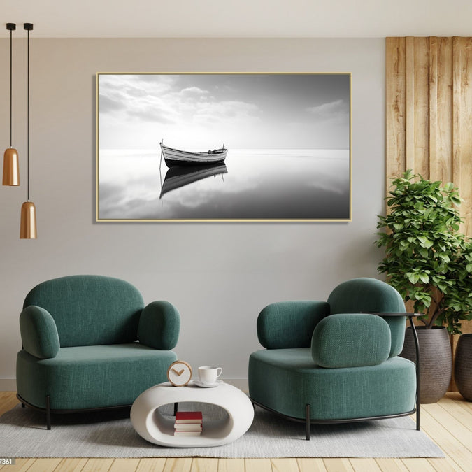 Large Painting for Drawing Room: Minimalistic monochrome with a boat with clear reflection.