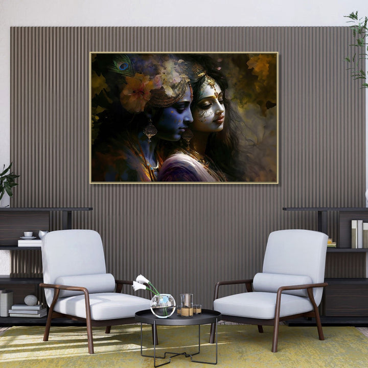 Large Painting for Drawing Room: Radha Krishna facing right side and lost in thoughts, Blue Krishna and Beige Radha, with Krishna wearing flower head band