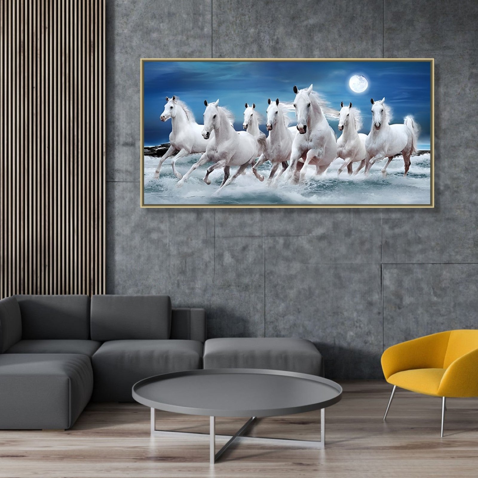 Painting of Seven white horses running in water, blue sky and moon in ...