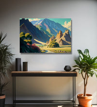 Large mountains with river bed and some trees in foreground Room 1