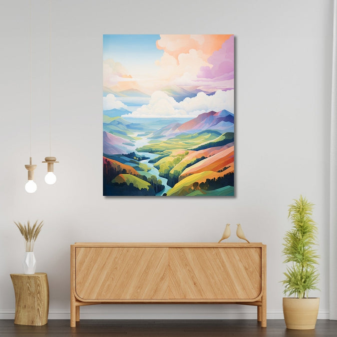 Light colours, mountains, clouds, sky and light blue stream Room 1