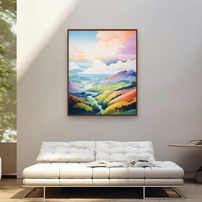 Light colours, mountains, clouds, sky and light blue stream Room 2