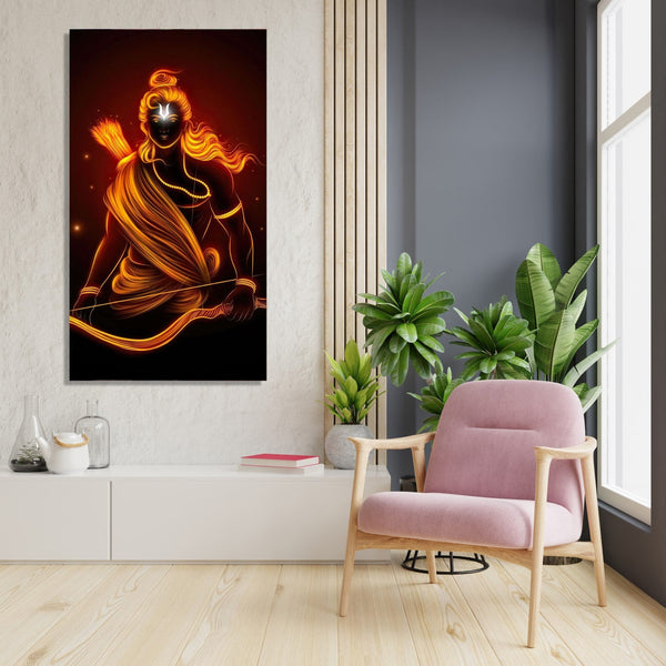 Lord Ram in golden outline with open hair and arrows behind