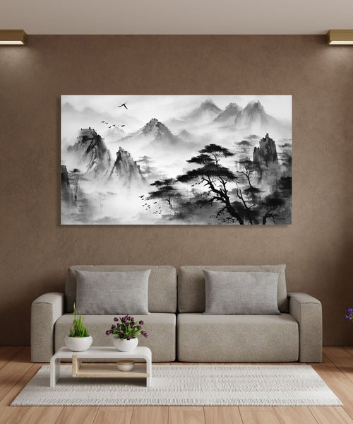 A monochrome of mountains and trees Asian Landscape