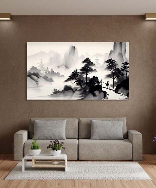 A monochrome of mountains and trees, with a man passing by in an Asian Landscape