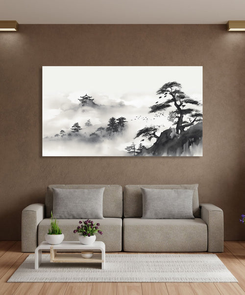 An Asian Monochrome of mountains, tree an temple with Misty surroundings