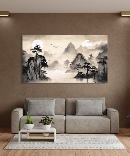 An Asian Monochrome of mountains, Lake and tree with Misty surroundings and two sun