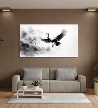 An Asian Monochrome landscape of a crane flying against an abstract background in black and white