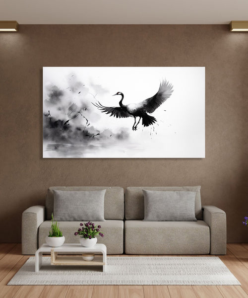 An Asian Monochrome landscape of a crane flying against an abstract background in black and white