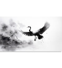 Painting for Living Room:An Asian Monochrome landscape of a crane flying against an abstract background in black and white