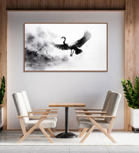 Painting for Home:An Asian Monochrome landscape of a crane flying against an abstract background in black and white