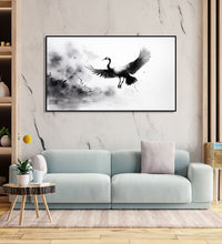 Painting for Bedroom: An Asian Monochrome landscape of a crane flying against an abstract background in black and white