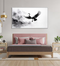 Painting for Drawing Room: An Asian Monochrome landscape of a crane flying against an abstract background in black and white