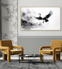 Large Painting for Drawing Room: An Asian Monochrome landscape of a crane flying against an abstract background in black and white