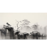 Painting for Living Room:An Asian Monochrome landscape of a sparrow sitting on a cliff and faded tree line in background of black and white