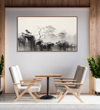 Painting for Home:An Asian Monochrome landscape of a sparrow sitting on a cliff and faded tree line in background of black and white