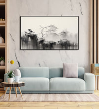 Painting for Bedroom: An Asian Monochrome landscape of a sparrow sitting on a cliff and faded tree line in background of black and white