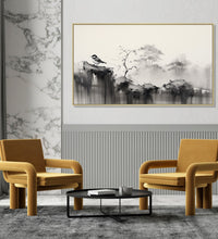Large Painting for Drawing Room: An Asian Monochrome landscape of a sparrow sitting on a cliff and faded tree line in background of black and white