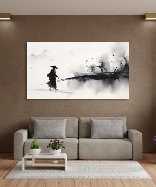 Asian Monochrome of a traveller going through an abstract landscape