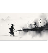 Painting for Living Room:Asian Monochrome of a traveller going through an abstract landscape