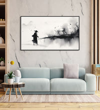 Painting for Bedroom: Asian Monochrome of a traveller going through an abstract landscape