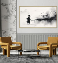 Large Painting for Drawing Room: Asian Monochrome of a traveller going through an abstract landscape