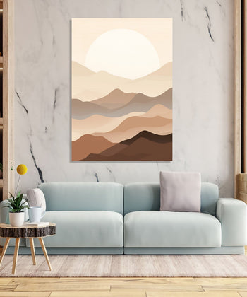 Minimalist landscape of series of beige mountains against a White sunset