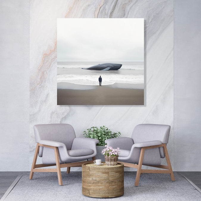 Minimalistic Painting of a Man looking at a beached whale