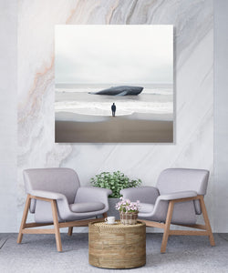 Minimalistic Painting of a Man looking at a beached whale