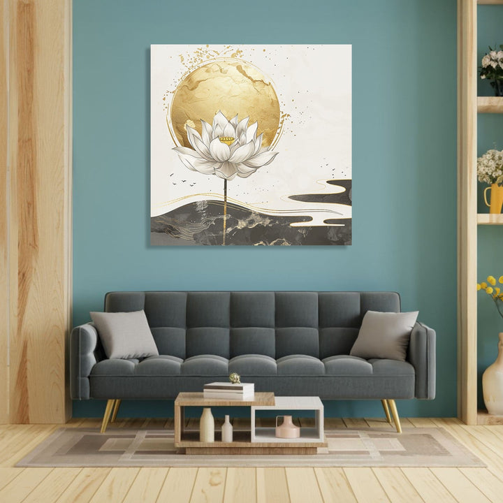 Minimalistic image of a white lotus with golden orb behind and white, black, golden abstract background