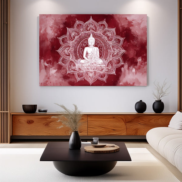Sacred Buddha Mandala Art in Crimson and White