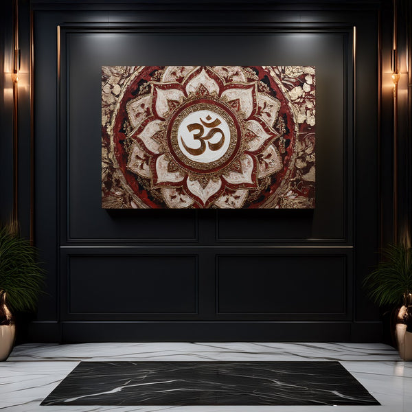 Textured Om Mandala Painting in Gold and Red
